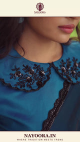 Nayoora Deep Teal Azure Floral Satin Silk Embellished Saree