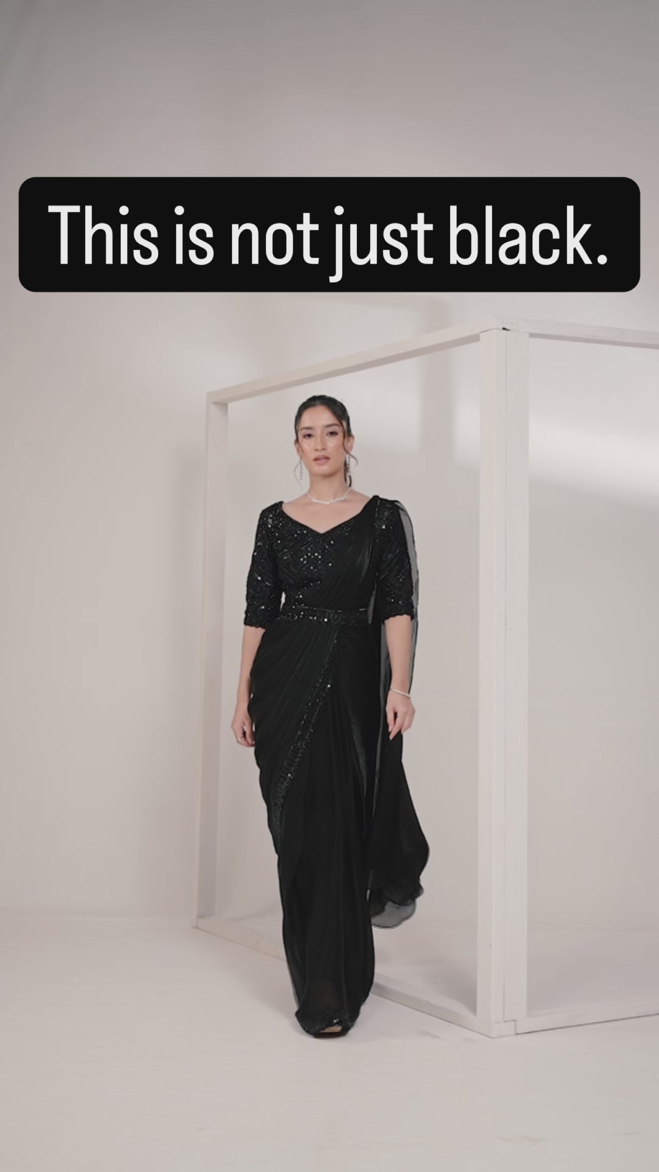 Nayoora Luxe Midnight Black Sequin Embroidered Satin Silk Ready-to-Wear Saree Set