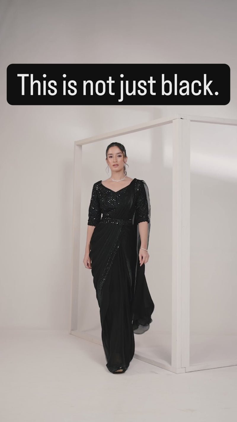 Nayoora Luxe Midnight Black Sequin Embroidered Satin Silk Ready-to-Wear Saree Set