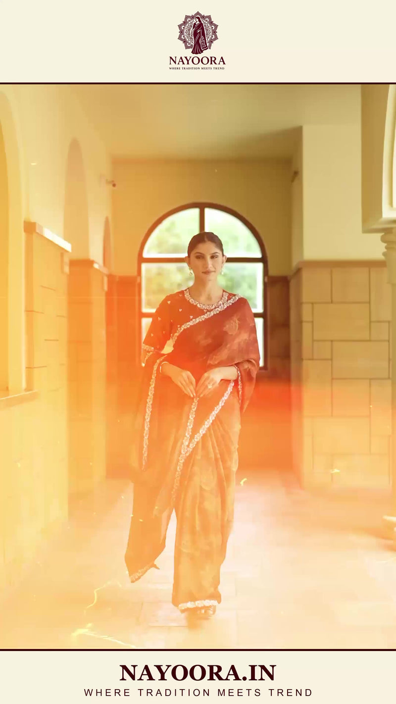 Nayoora Burnished Rust Maroon Foilwork Two-Tone Satin Silk Saree