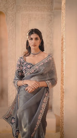 Nayoora Luxe Metallic Steel Blue Floral Embroidered Tissue Silk Saree Set