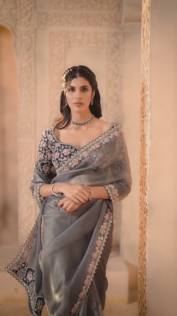 Nayoora Luxe Metallic Steel Blue Floral Embroidered Tissue Silk Saree Set