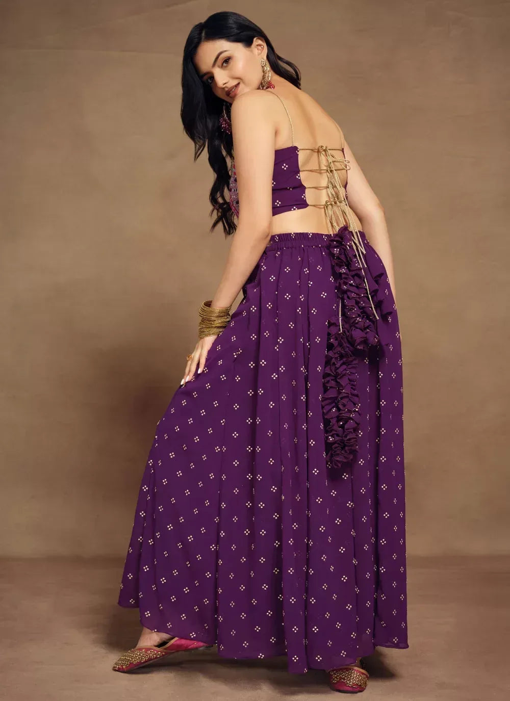 Nayoora Luxe Deep Purple Bohemian Beaded Bustier & Ruffle Palazzo Co-Ord Set - Nayoora