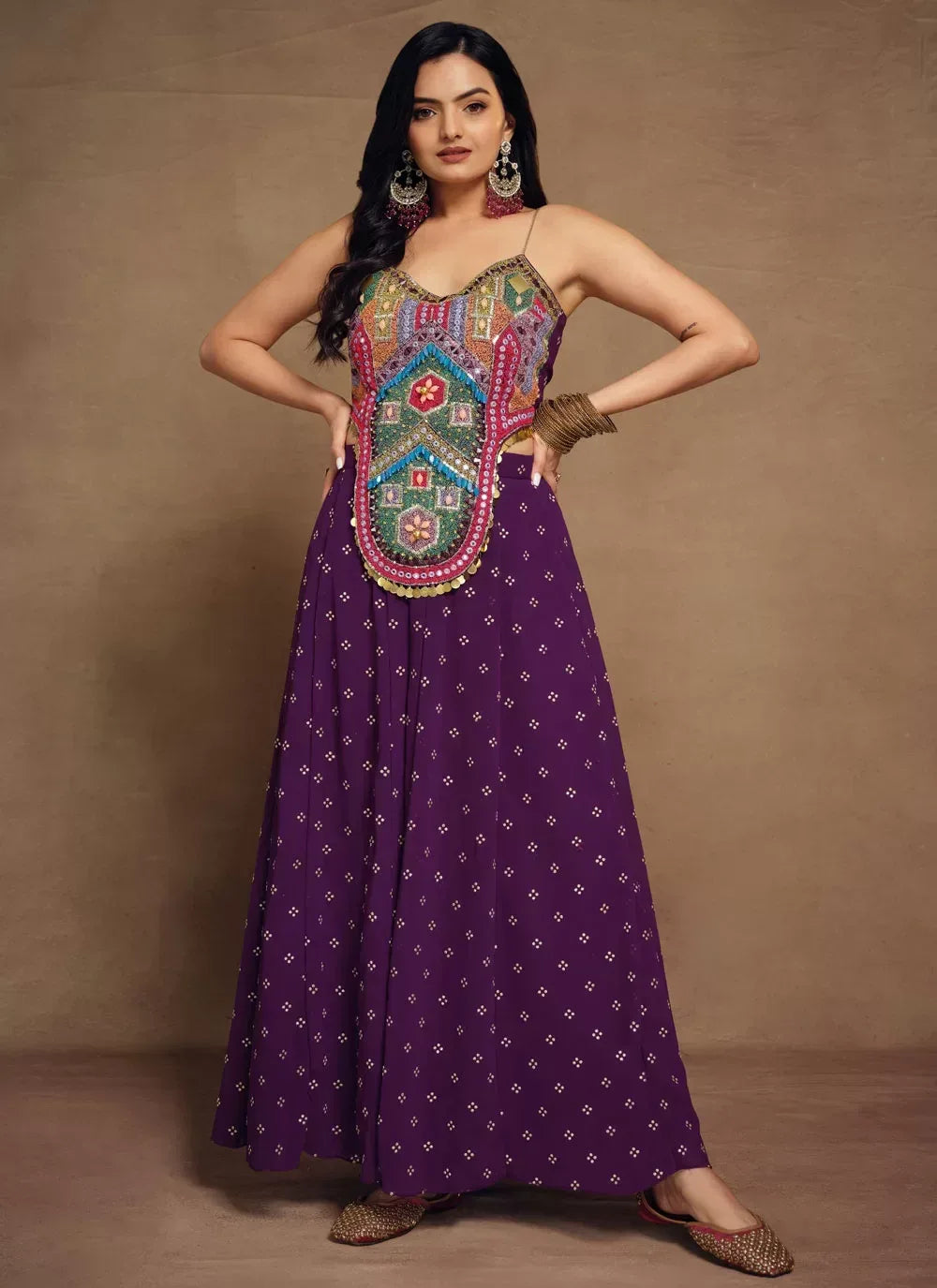 Nayoora Luxe Deep Purple Bohemian Beaded Bustier & Ruffle Palazzo Co-Ord Set - Nayoora