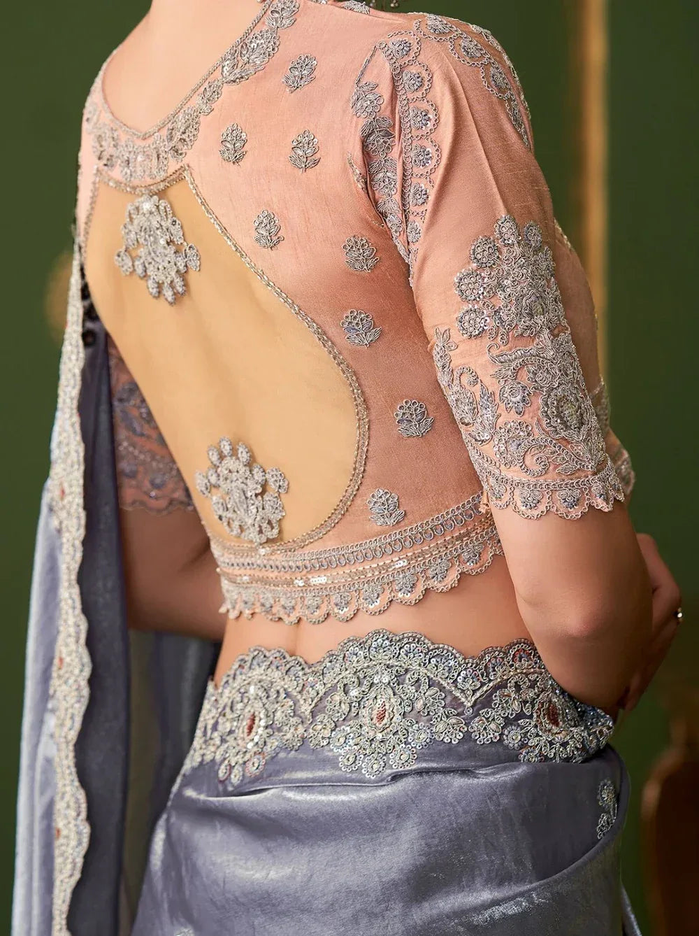 Nayoora Luxe Metallic Steel Lavender Embroidered Georgette Saree with Peach Blouse - Nayoora