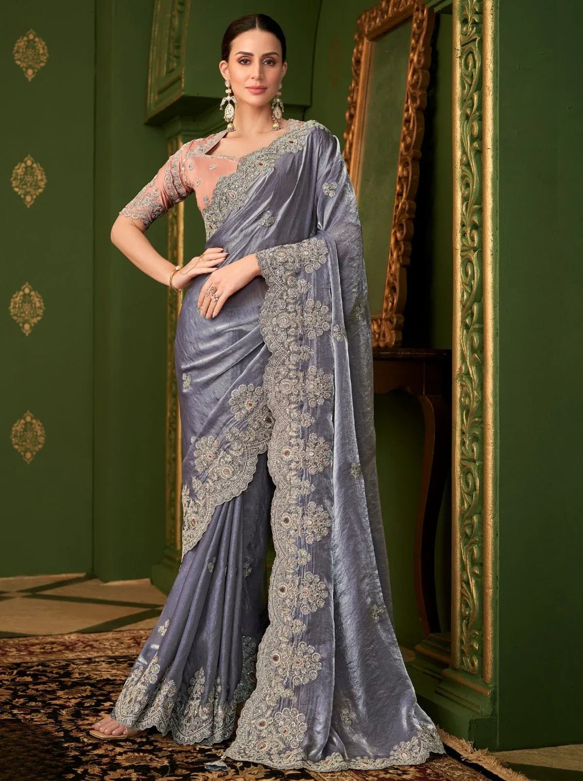 Nayoora Luxe Metallic Steel Lavender Embroidered Georgette Saree with Peach Blouse - Nayoora