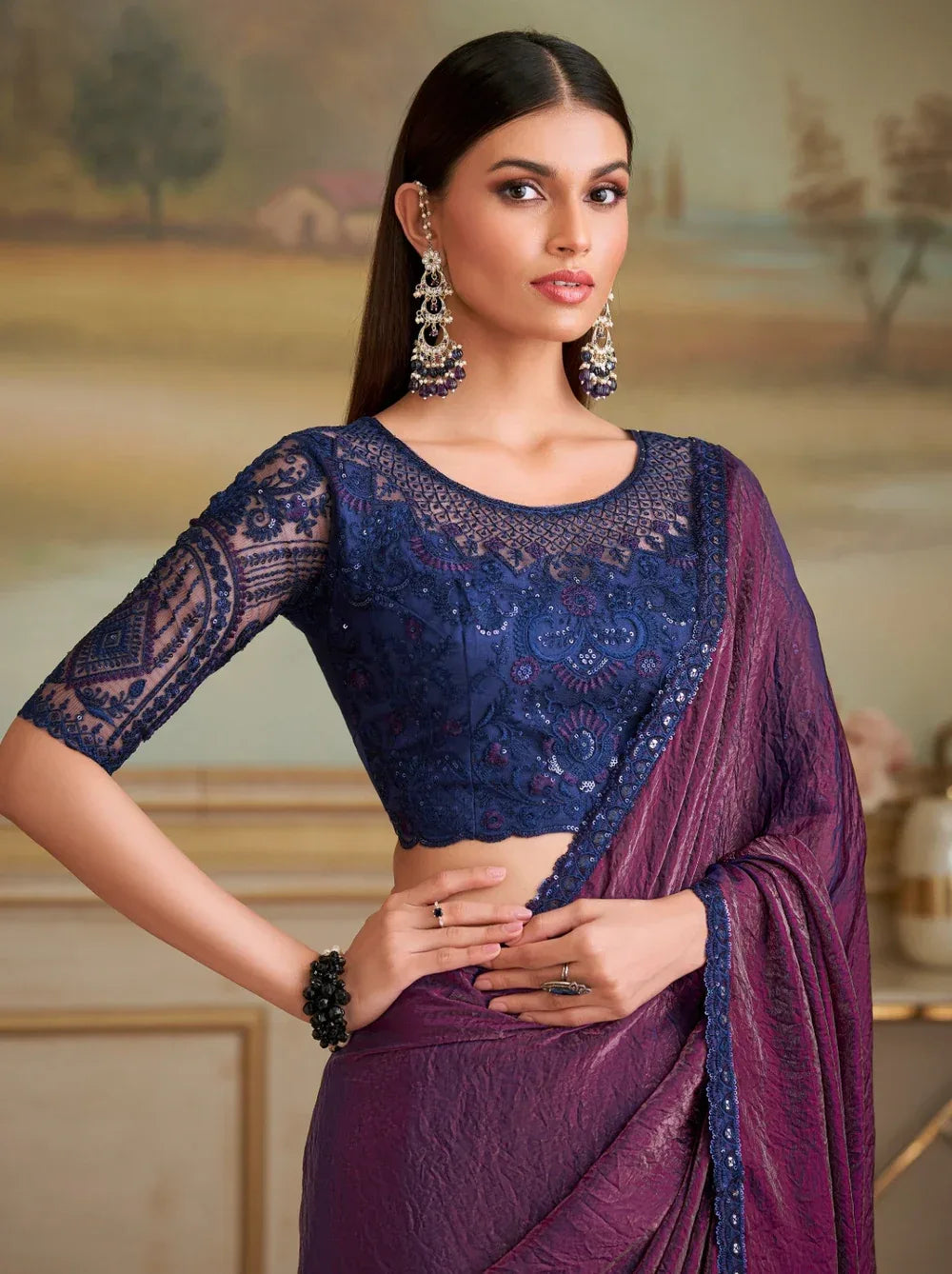 Nayoora Luxe Metallic Aubergine Purple Tissue Saree with Midnight Blue Blouse - Nayoora