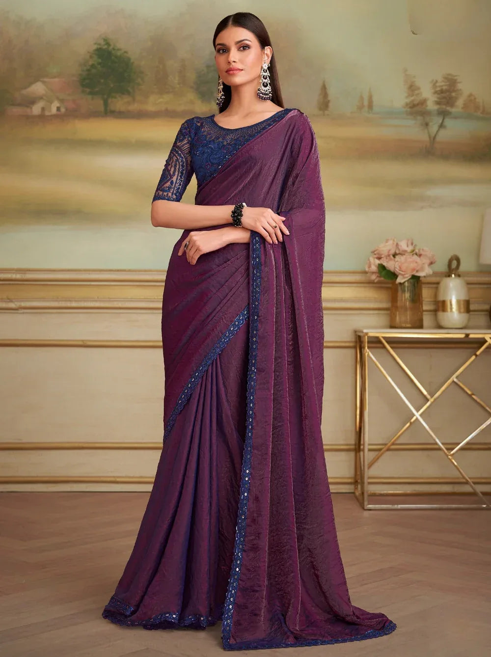 Nayoora Luxe Metallic Aubergine Purple Tissue Saree with Midnight Blue Blouse - Nayoora