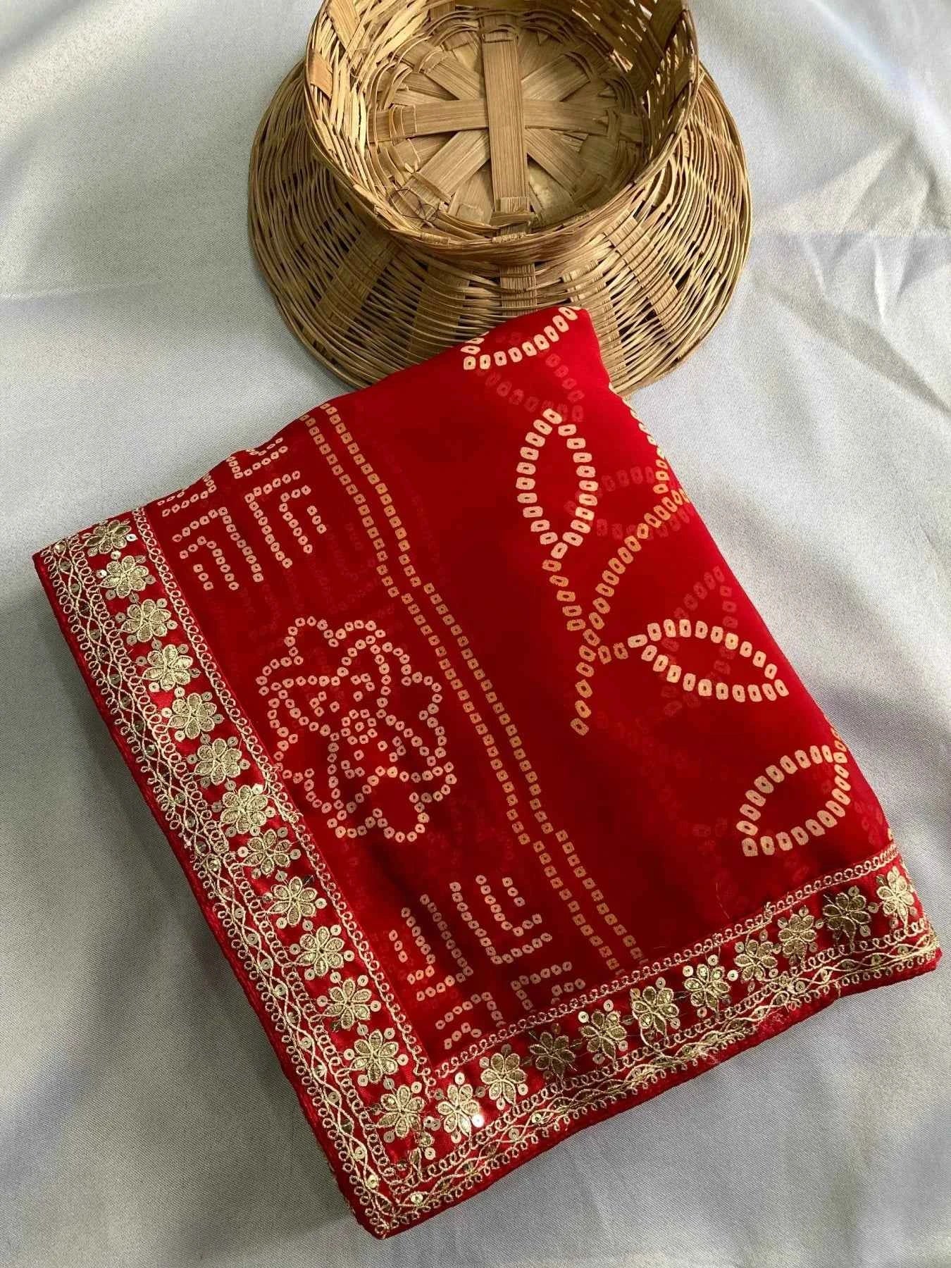 Rani Red Georgette Bandhani Saree with Embroidered Border - Nayoora