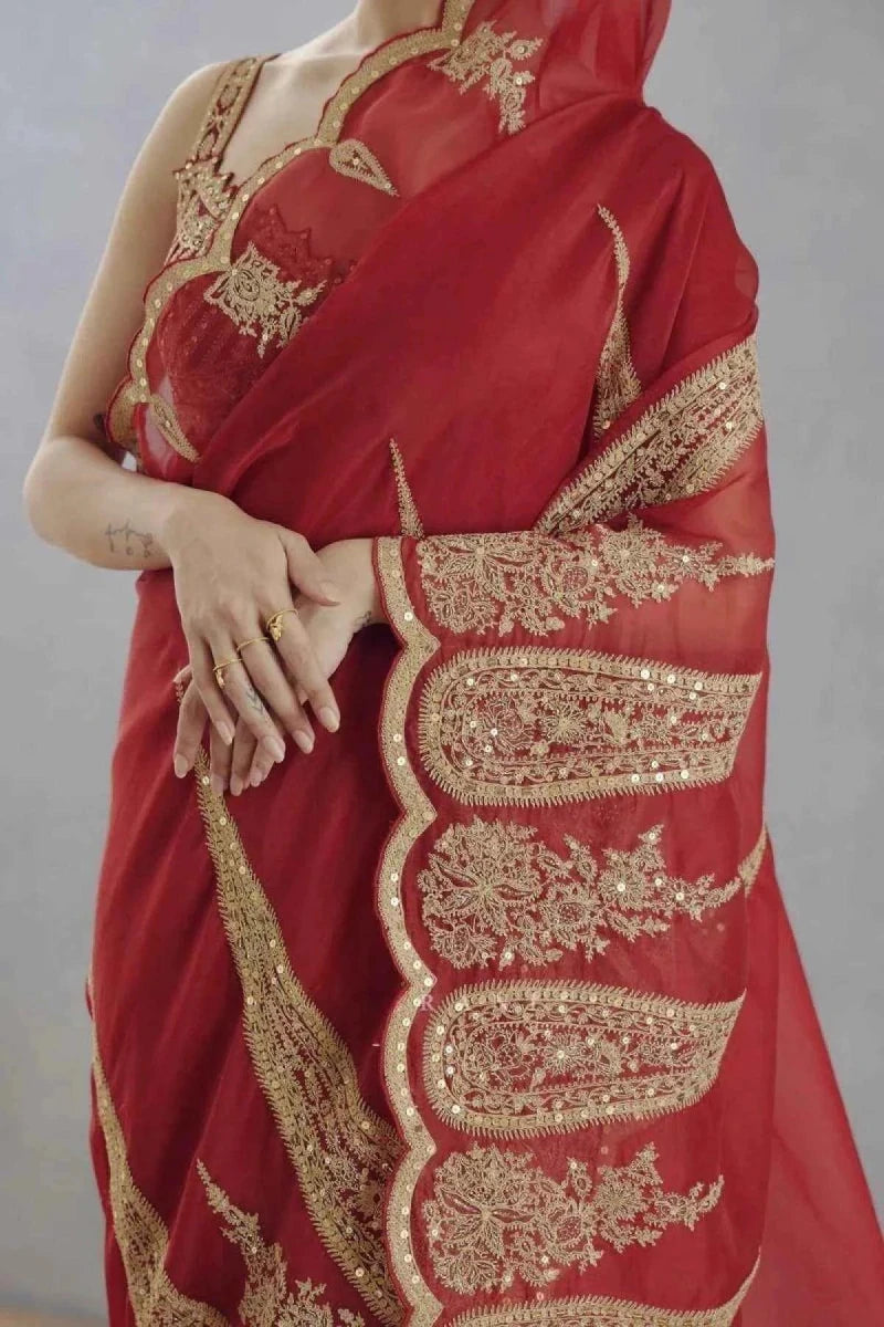 Red organza saree with gold embroidered borders, side drape detail