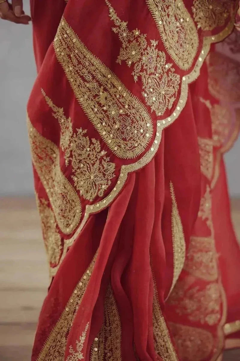 Red organza saree border with ornate gold embroidery along the drape