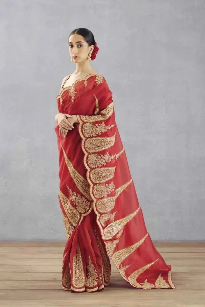 Red organza saree with gold border work, front view on model