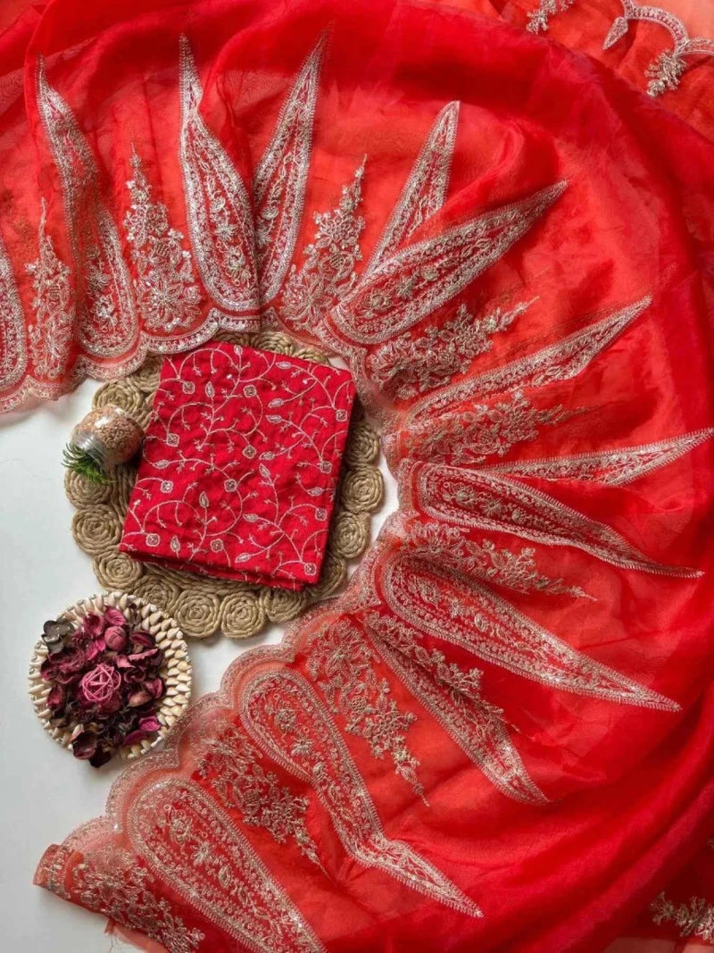 Red organza saree with central fan-like gold embroidery and decorative tassels