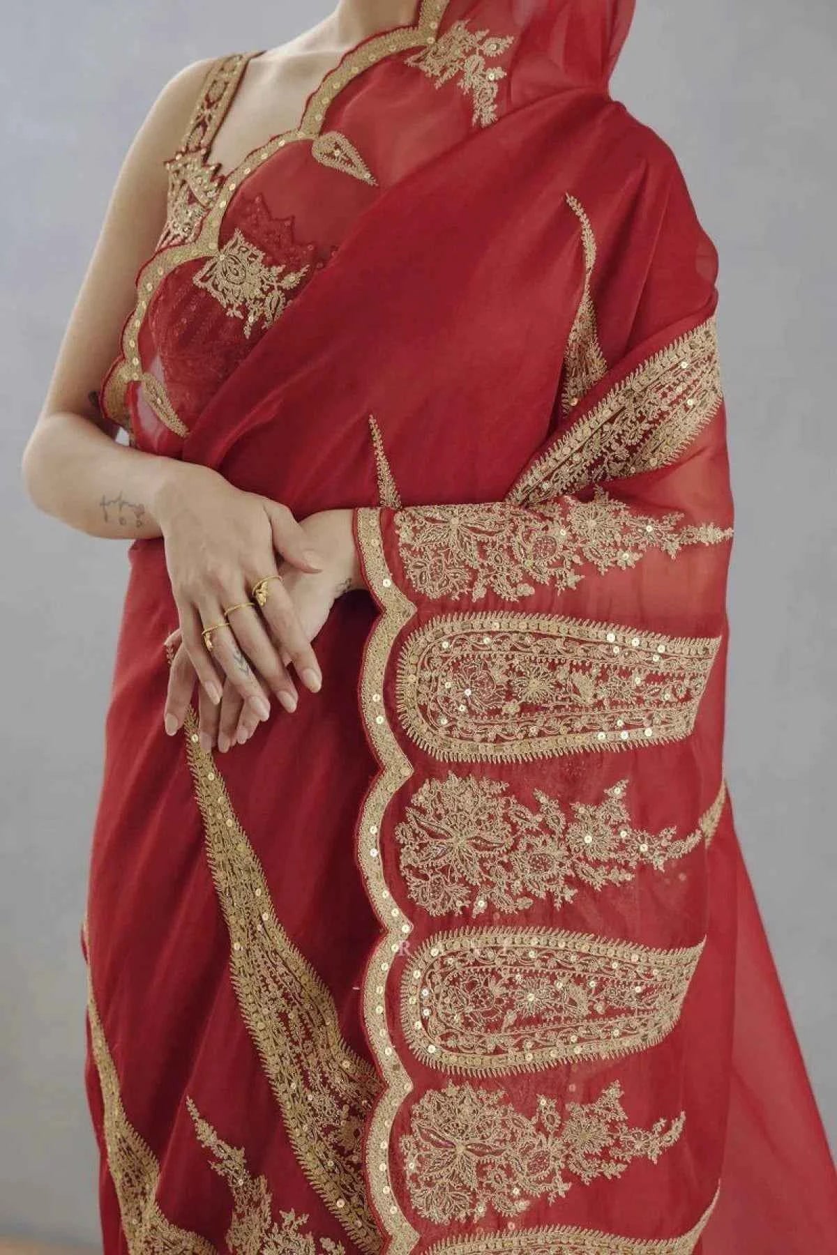 Red Organza Saree – Heavy Sequin & Cutwork Embroidery - Nayoora