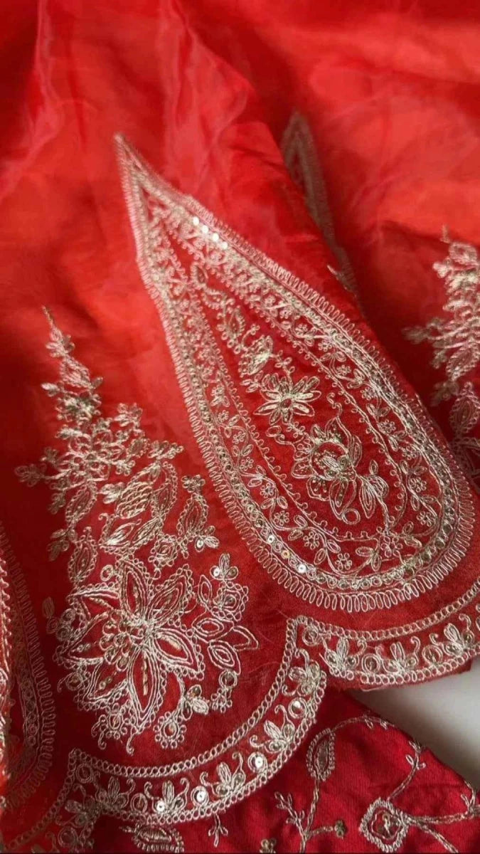 Red Organza Saree – Heavy Sequin & Cutwork Embroidery - Nayoora