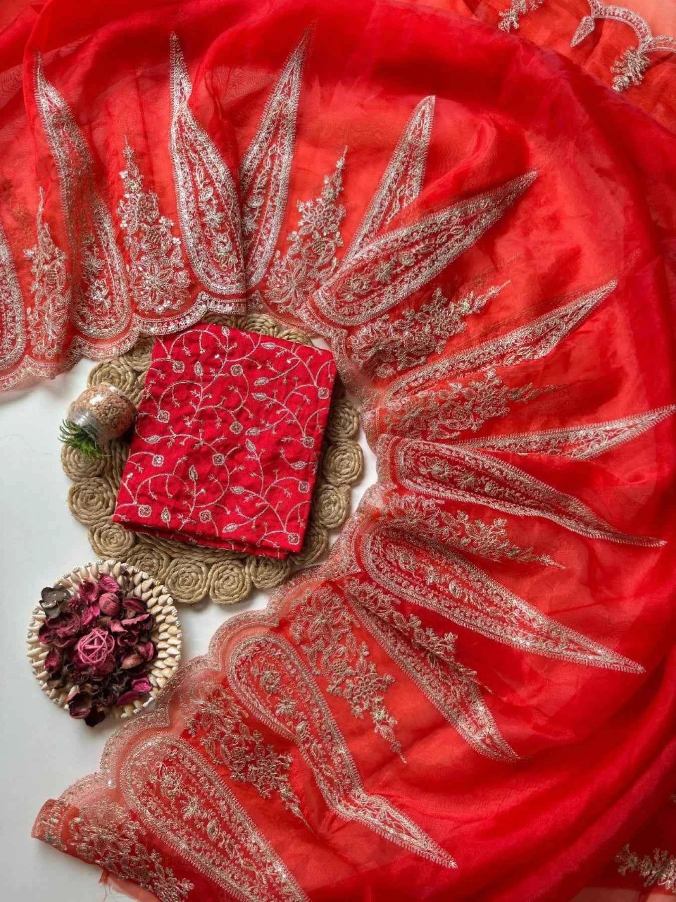 Red Organza Saree – Heavy Sequin & Cutwork Embroidery - Nayoora
