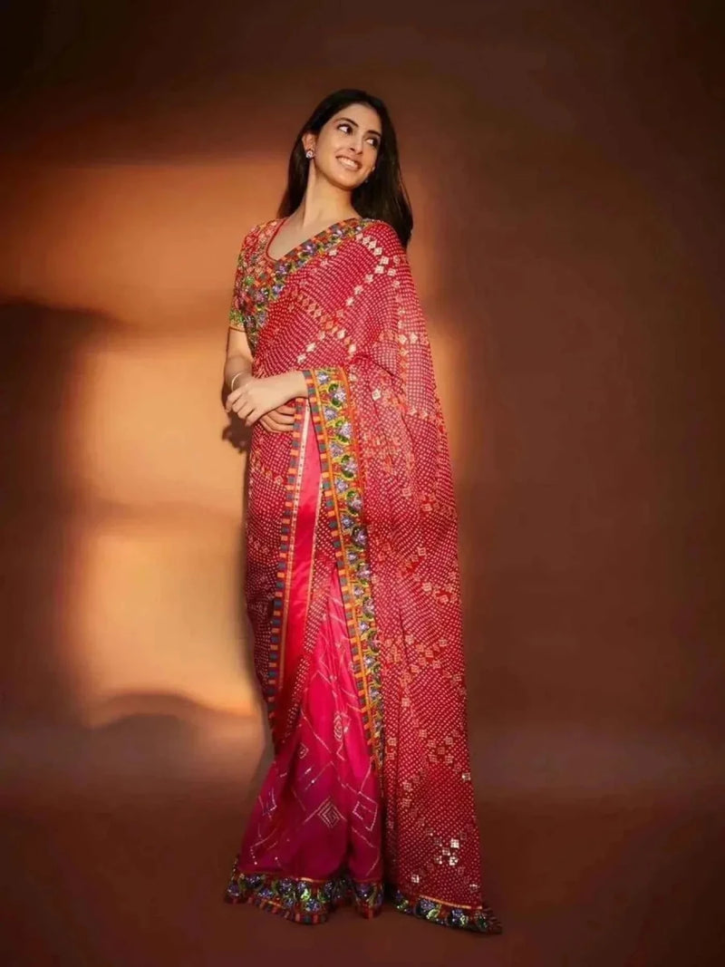 Red and pink georgette saree with bandhani pattern and sequined border