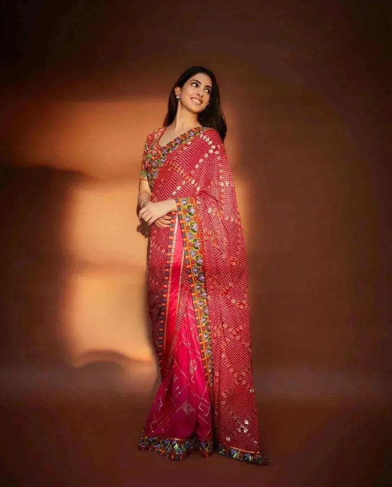 Red and pink saree with sequined bandhani work and decorated pallu
