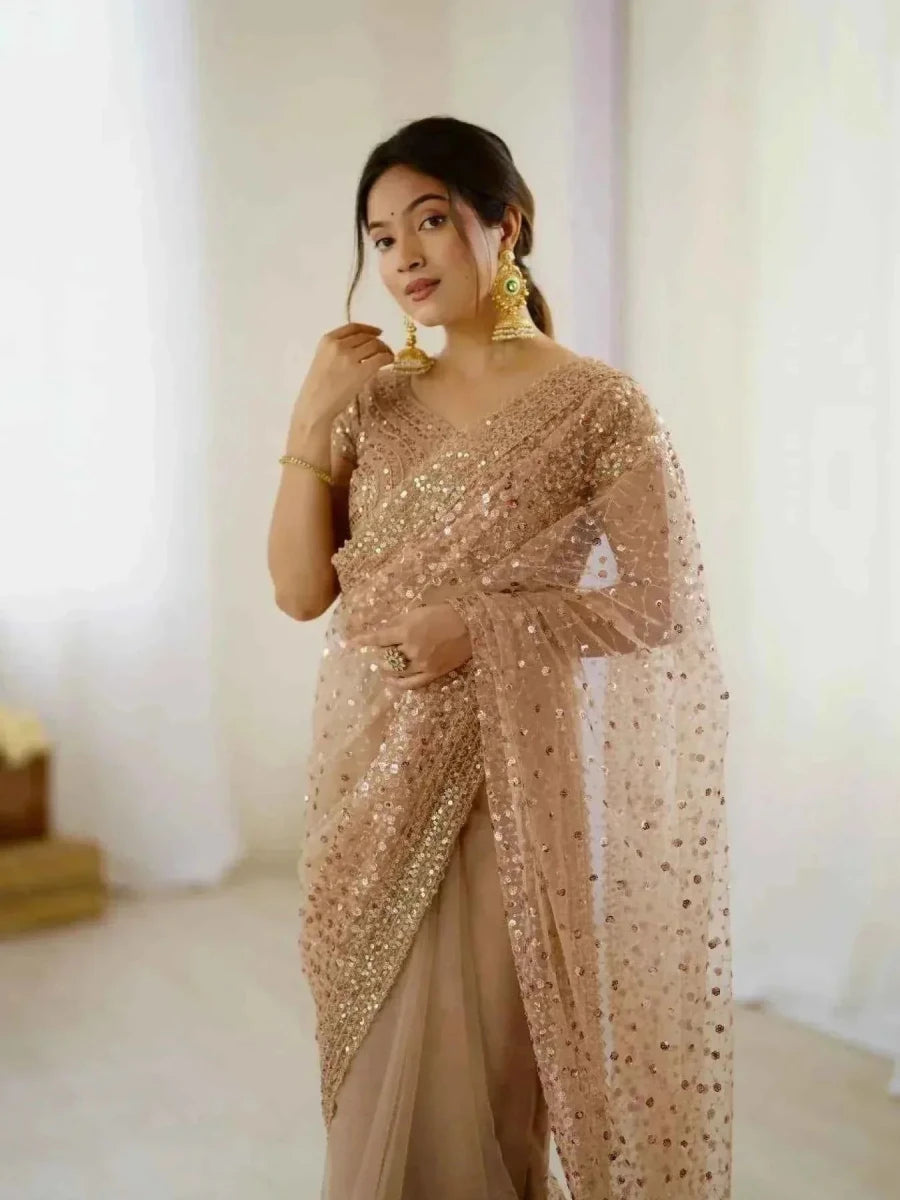 Rose Gold Net Saree – All - Over Sequin & Dori Embroidery - Nayoora