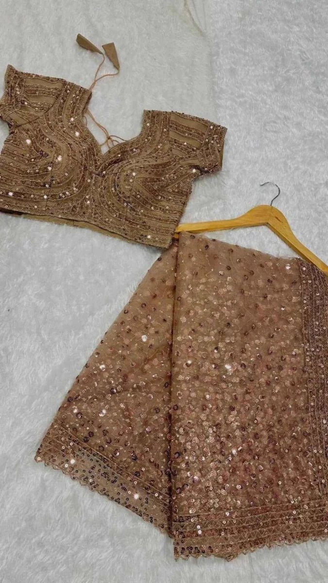 Rose Gold Net Saree – All - Over Sequin & Dori Embroidery - Nayoora