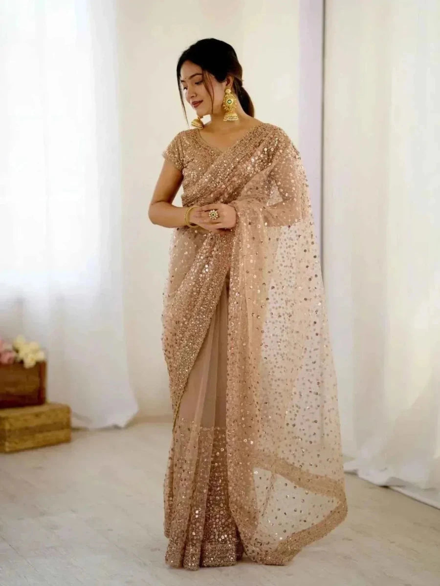 Rose Gold Net Saree – All - Over Sequin & Dori Embroidery - Nayoora