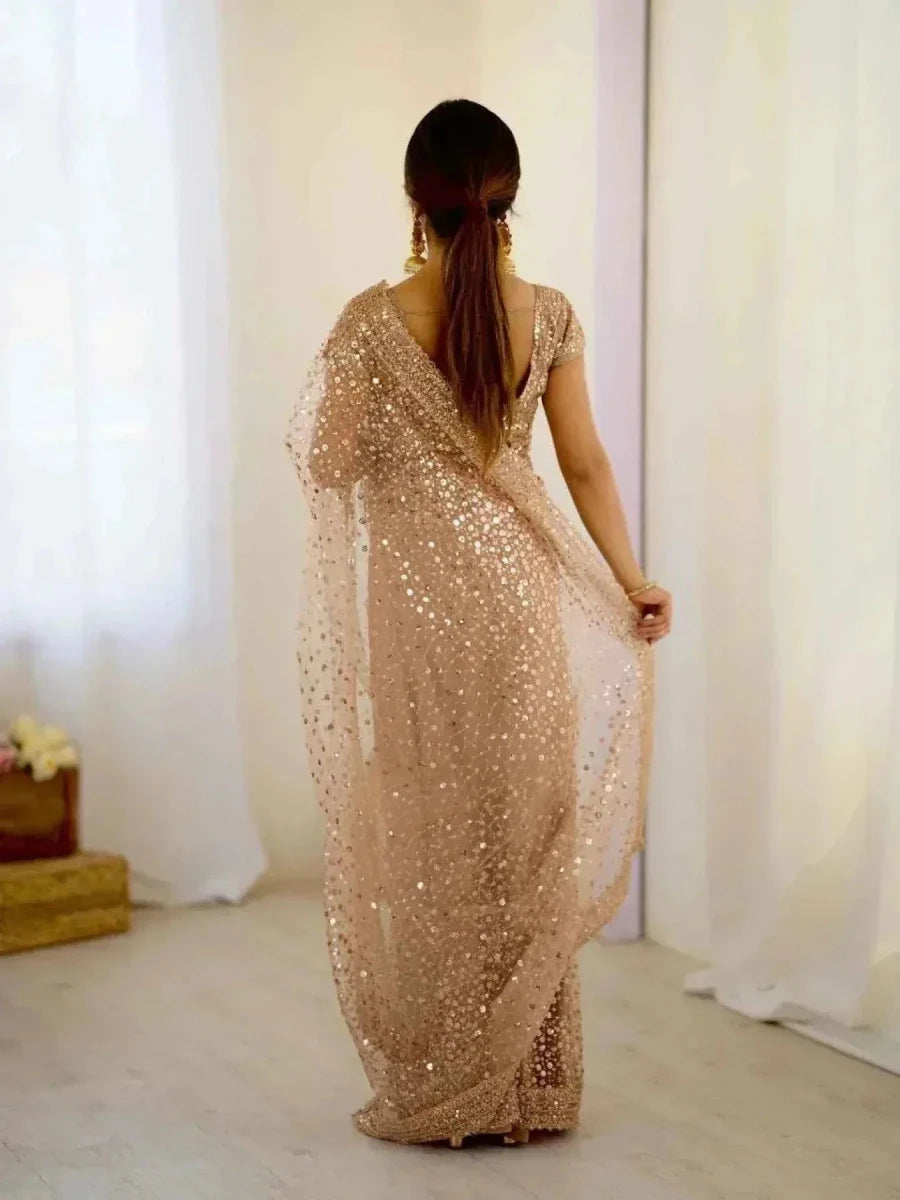 Rose Gold Net Saree – All - Over Sequin & Dori Embroidery - Nayoora