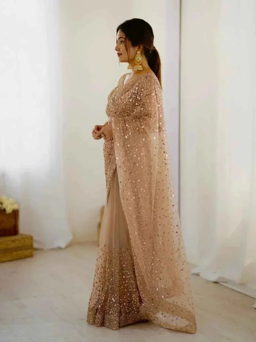 Rose Gold Net Saree – All - Over Sequin & Dori Embroidery - Nayoora