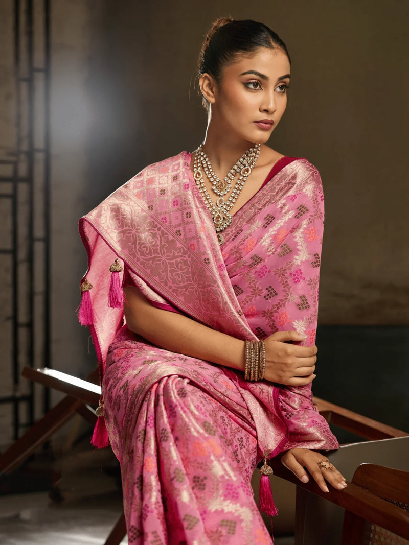 Nayoora Rose Pink Khaddi Georgette Hand-Dyed Meenakari Saree