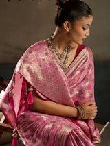 Nayoora Rose Pink Khaddi Georgette Hand-Dyed Meenakari Saree