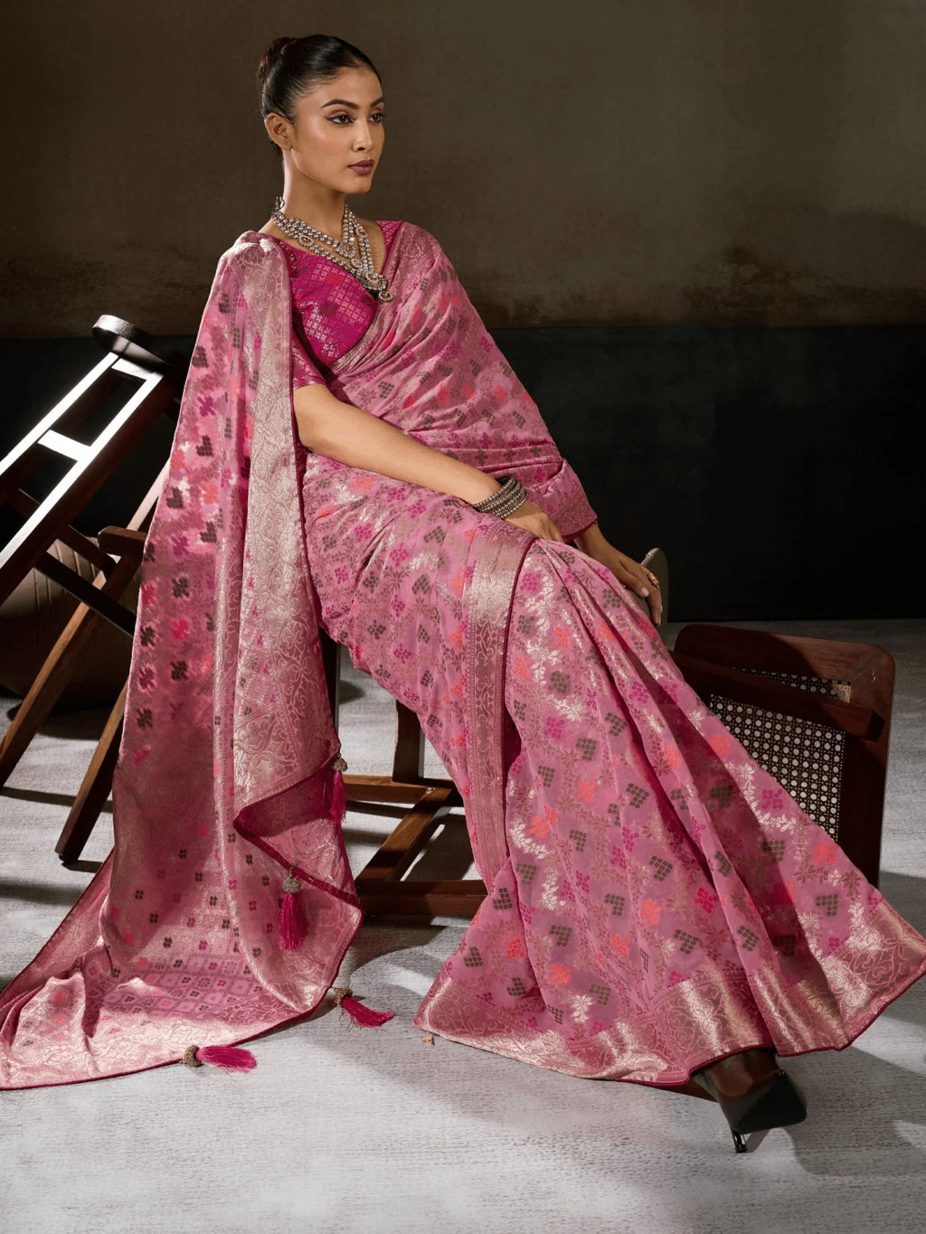 Nayoora Rose Pink Khaddi Georgette Hand-Dyed Meenakari Saree