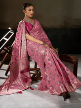 Nayoora Rose Pink Khaddi Georgette Hand-Dyed Meenakari Saree