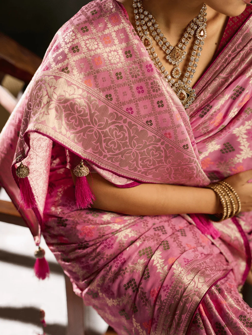 Nayoora Rose Pink Khaddi Georgette Hand-Dyed Meenakari Saree