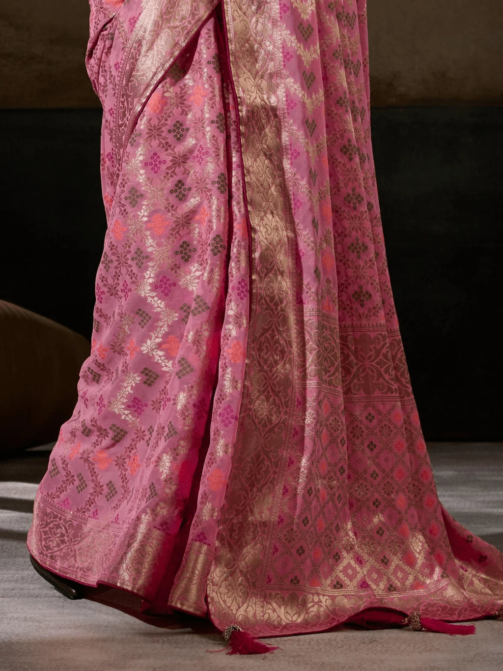 Nayoora Rose Pink Khaddi Georgette Hand-Dyed Meenakari Saree