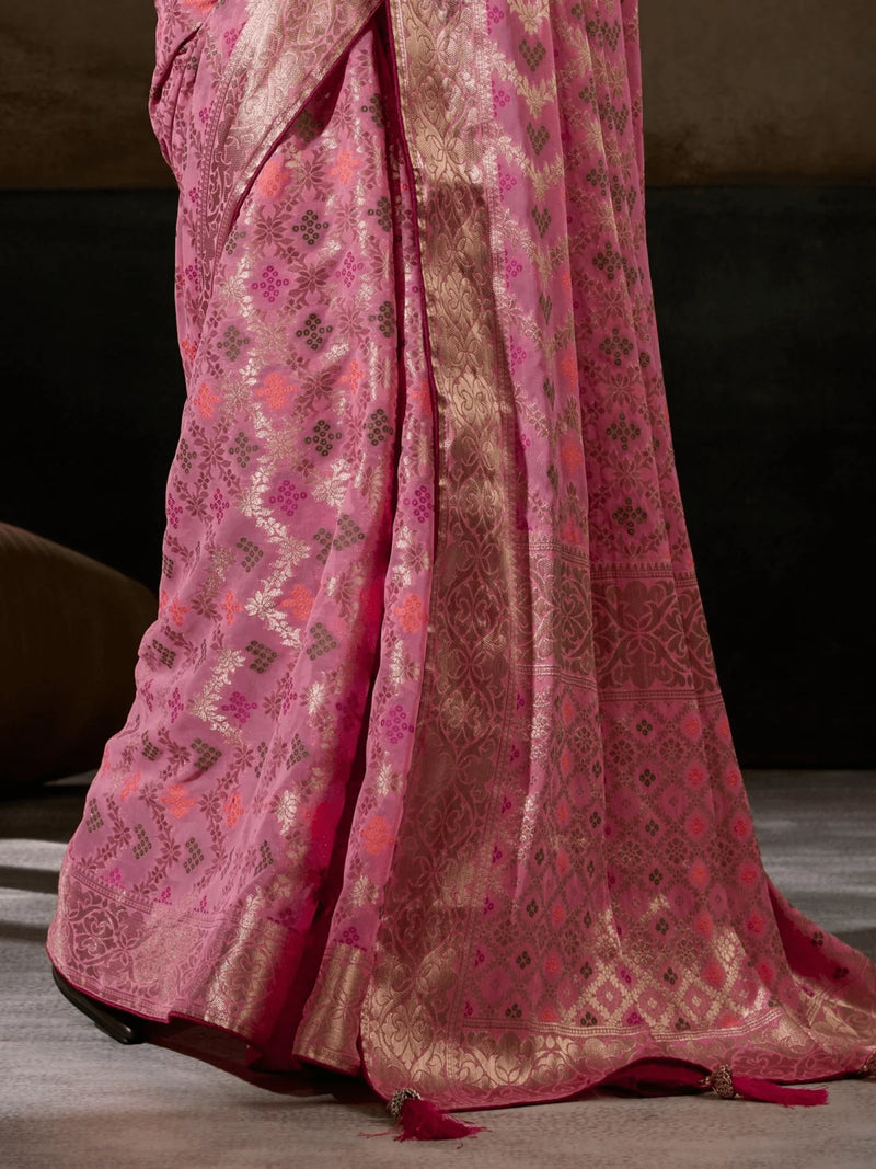 Nayoora Rose Pink Khaddi Georgette Hand-Dyed Meenakari Saree