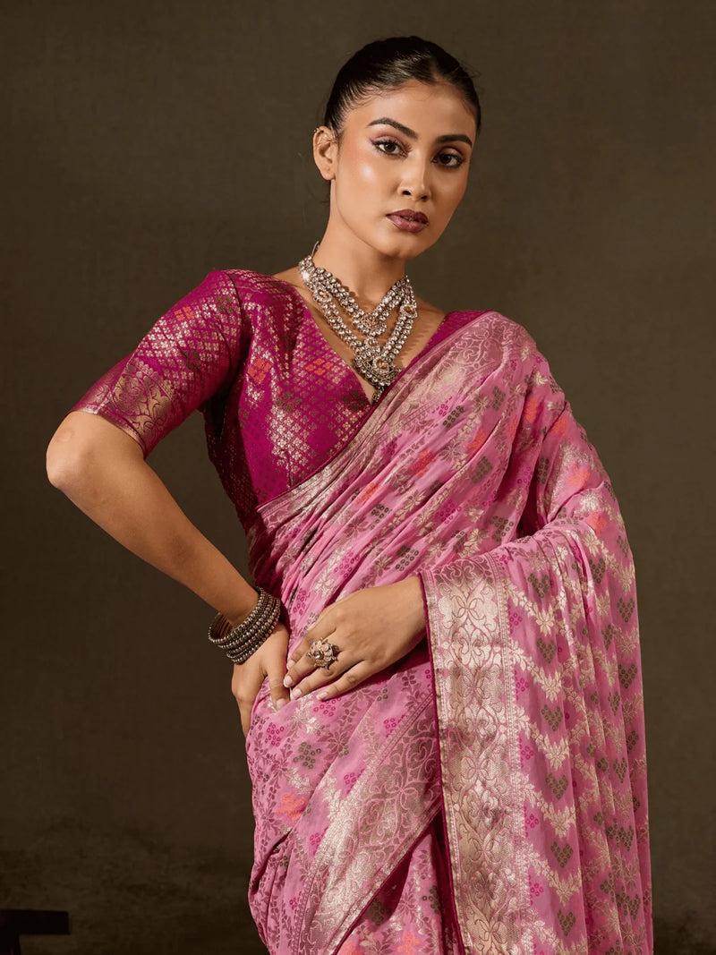 Nayoora Rose Pink Khaddi Georgette Hand-Dyed Meenakari Saree