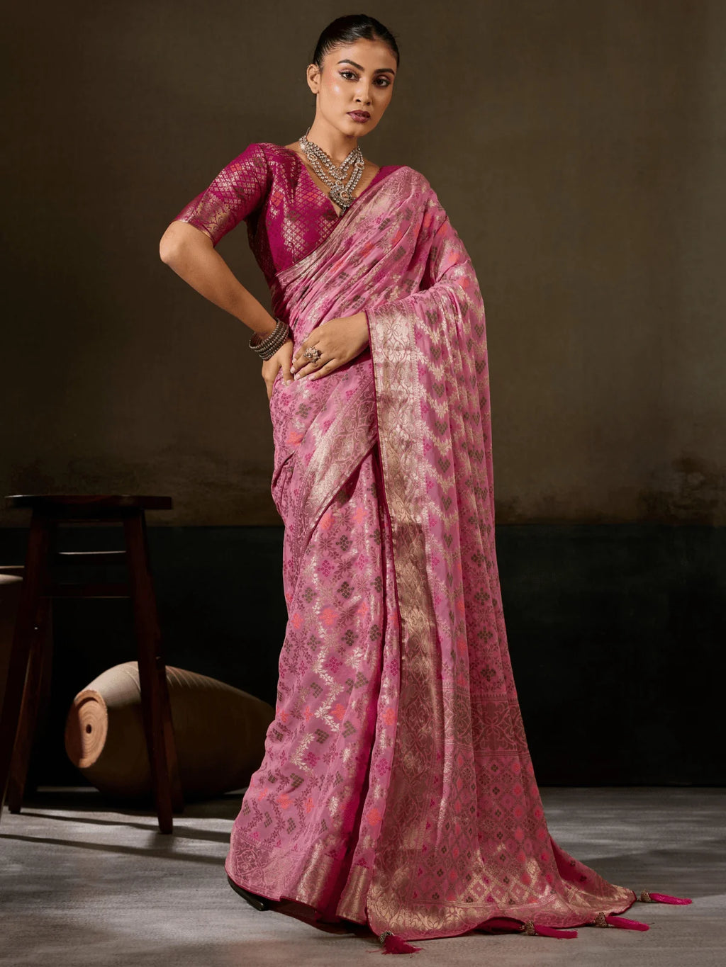 Nayoora Rose Pink Khaddi Georgette Hand-Dyed Meenakari Saree