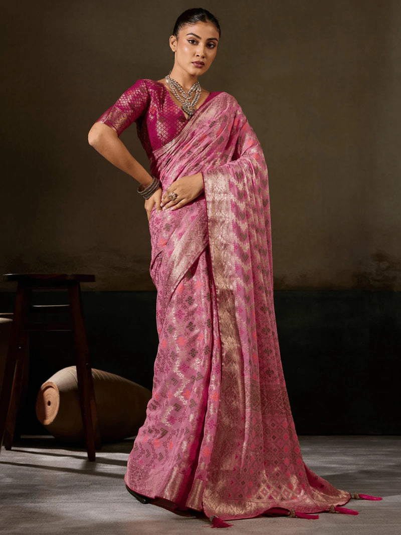 Nayoora Rose Pink Khaddi Georgette Hand-Dyed Meenakari Saree