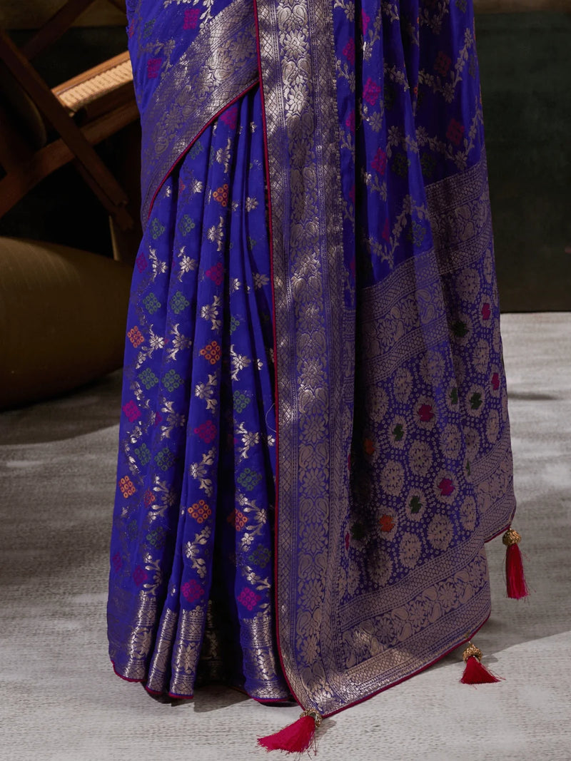 Nayoora Royal Blue Khaddi Georgette Hand-Dyed Meenakari Saree