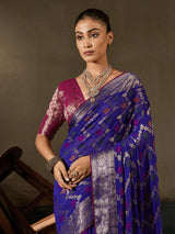 Nayoora Royal Blue Khaddi Georgette Hand-Dyed Meenakari Saree