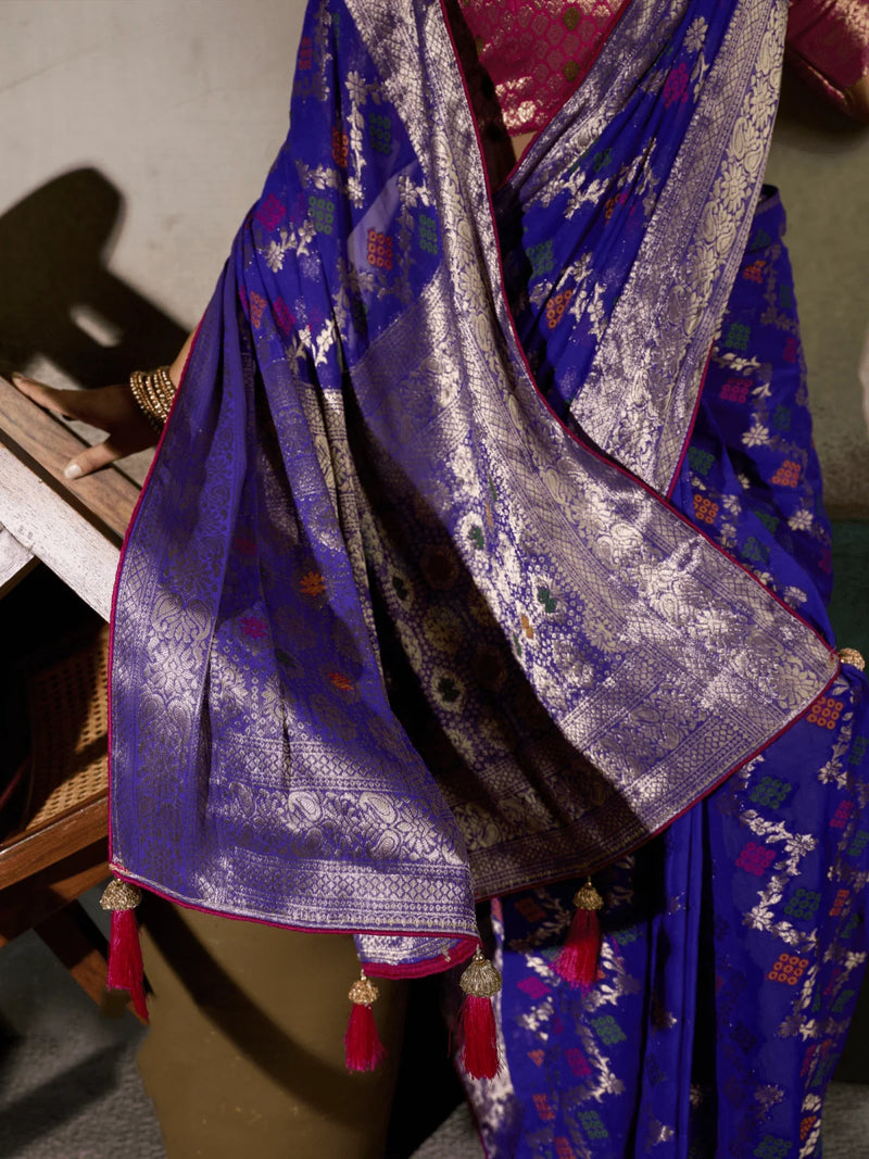 Nayoora Royal Blue Khaddi Georgette Hand-Dyed Meenakari Saree