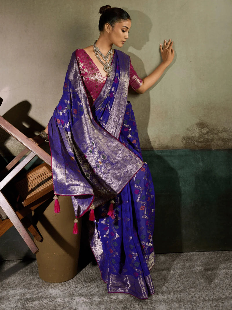 Nayoora Royal Blue Khaddi Georgette Hand-Dyed Meenakari Saree