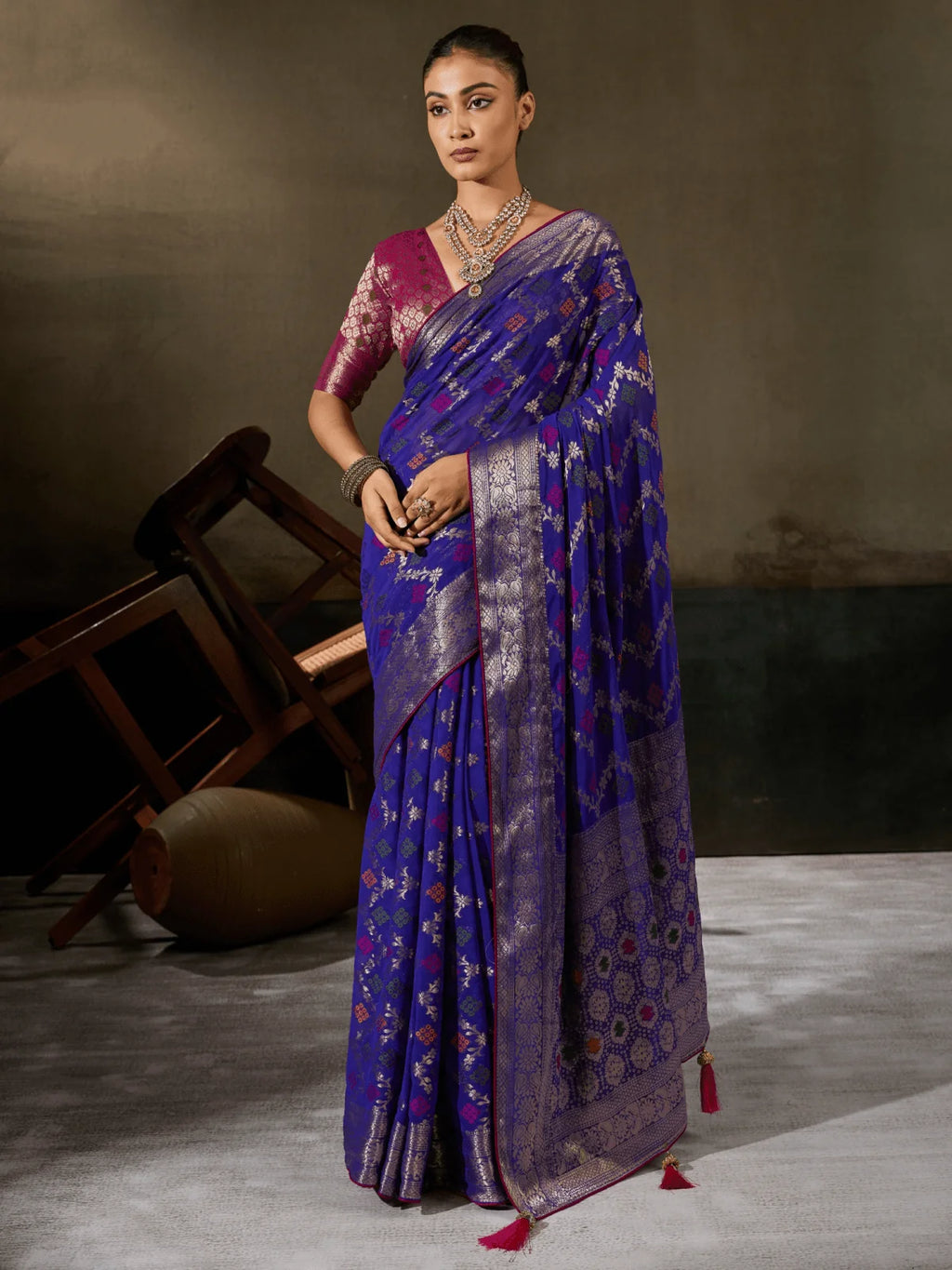 Nayoora Royal Blue Khaddi Georgette Hand-Dyed Meenakari Saree