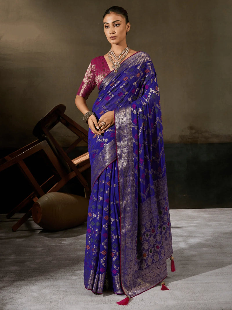 Nayoora Royal Blue Khaddi Georgette Hand-Dyed Meenakari Saree
