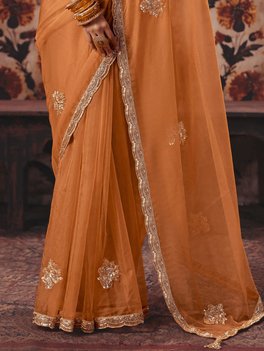 Nayoora Rust Orange Fancy Fabric Embroidered Designer Saree With Contrast Red Blouse