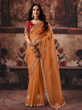 Nayoora Rust Orange Fancy Fabric Embroidered Designer Saree With Contrast Red Blouse