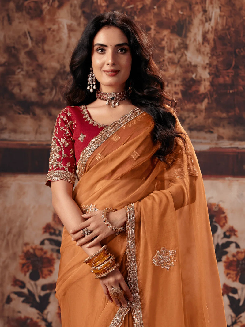 Nayoora Rust Orange Fancy Fabric Embroidered Designer Saree With Contrast Red Blouse