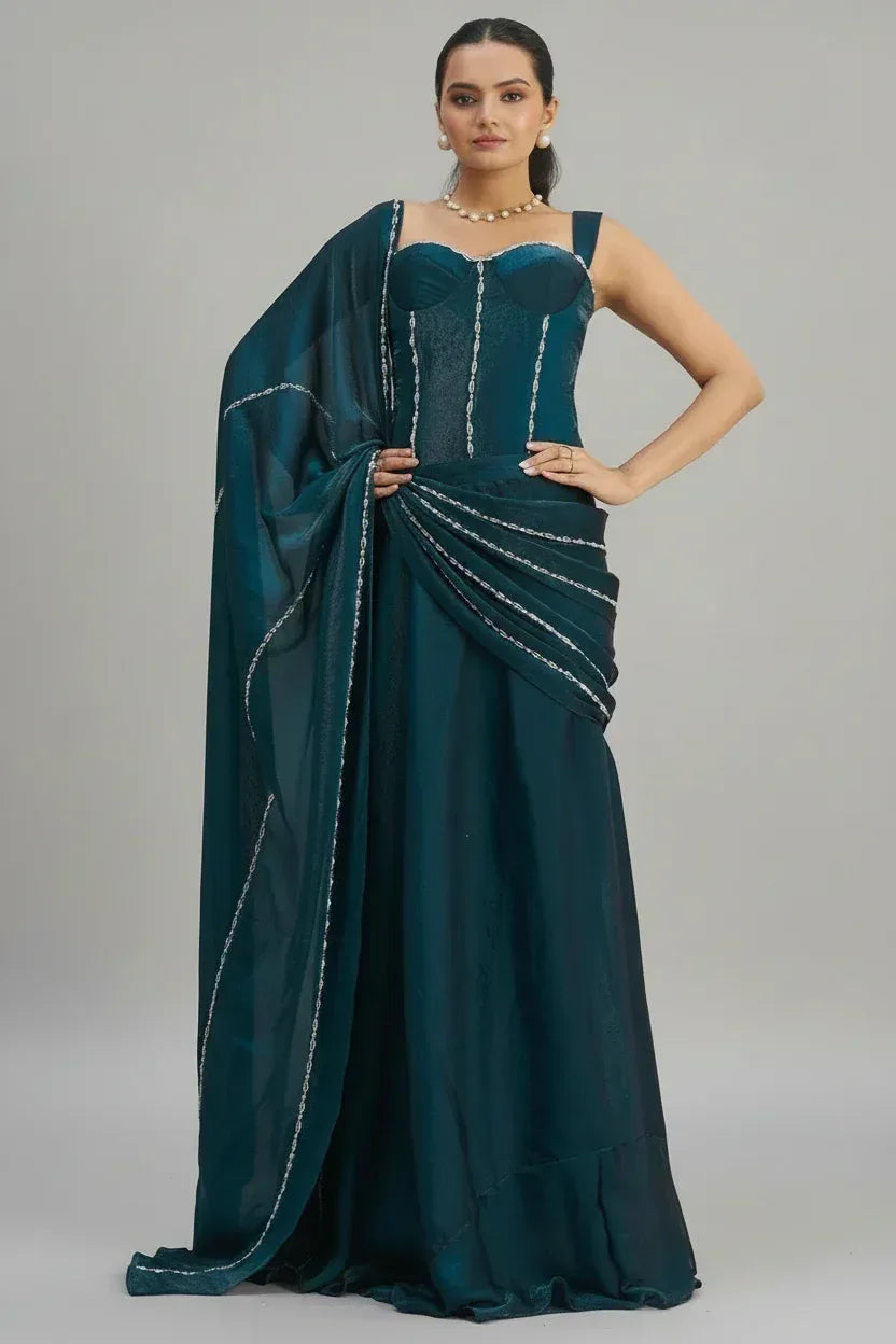 Nayoora Luxe Indigo Teal Organza Beaded Corset Ready-to-Wear Saree - Nayoora