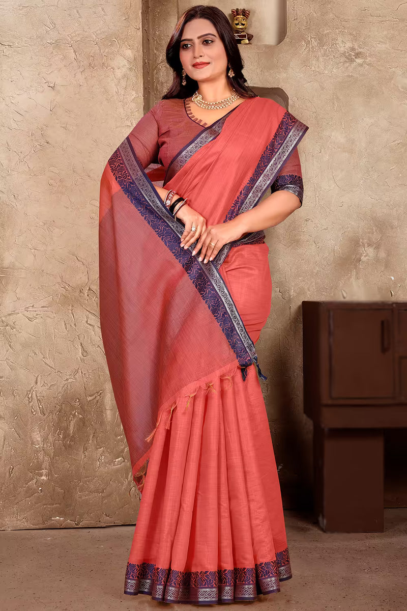 Nayoora Coral Linen Soft Silk Saree with Contrast Jacquard Border