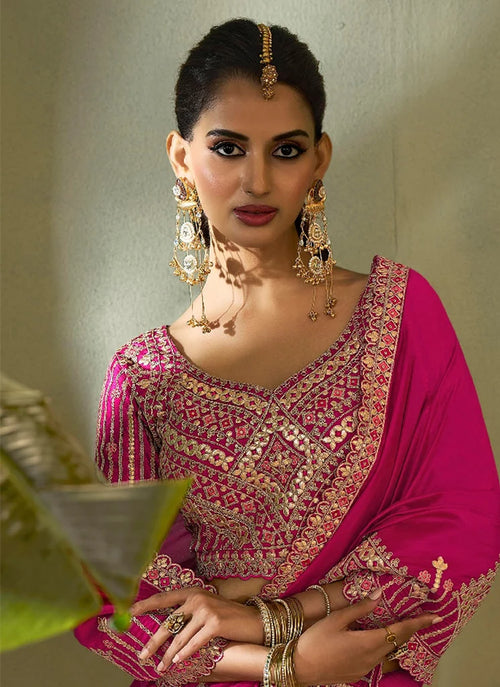 Nayoora Dark Hot Pink Silk Gota Patti Embroidered Designer Saree