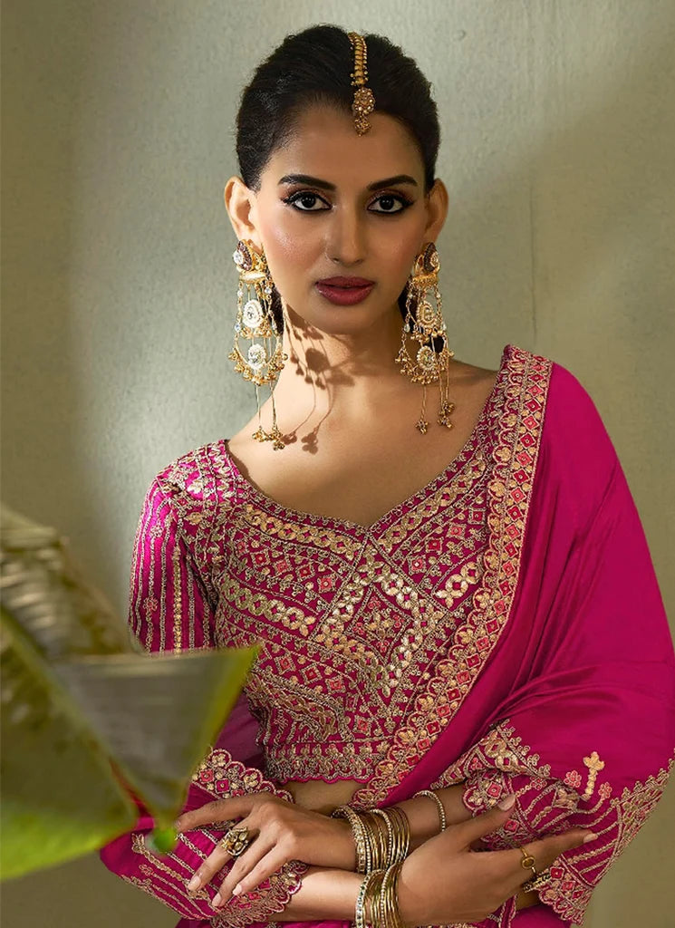 Nayoora Dark Hot Pink Silk Gota Patti Embroidered Designer Saree